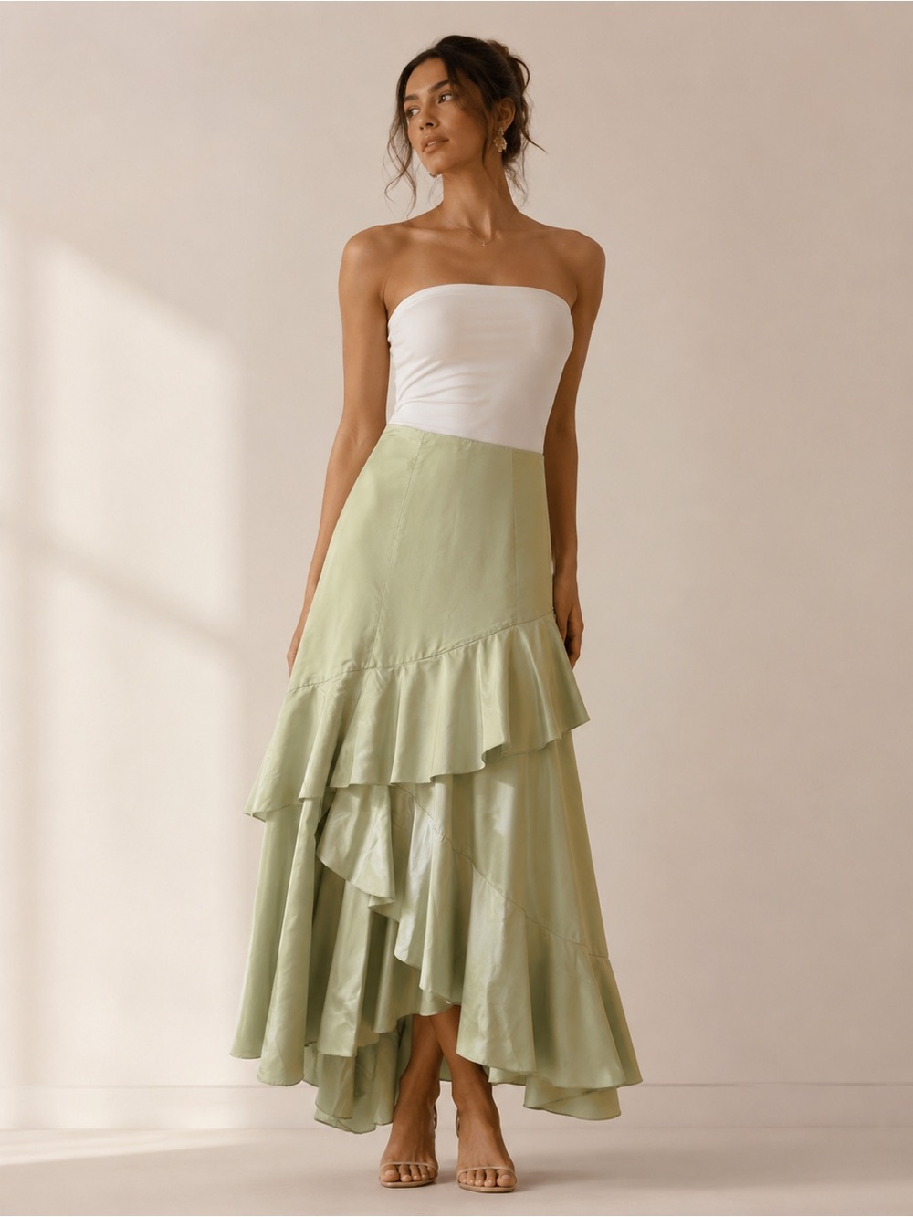 Teri Jon - Silk Light Sage Tiered High-Low Ruffle Skirt Gown